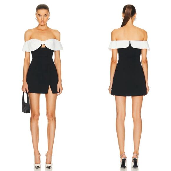 Self-Portrait Dresses & Skirts - Self-Portrait Crepe Bow Off the Shoulder Mini Dress Black and White Size 2